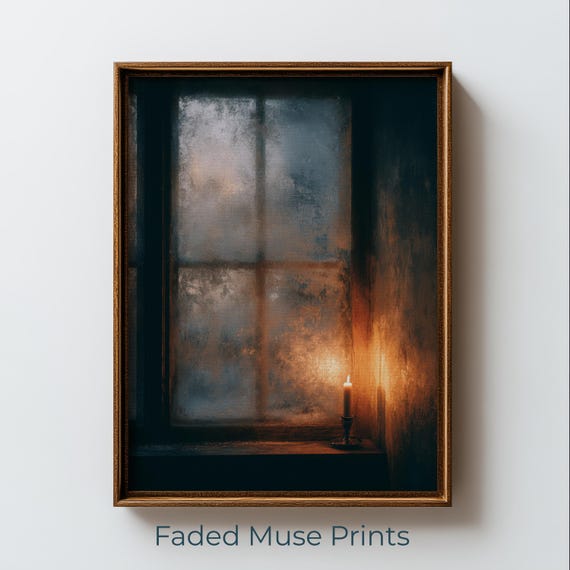 Vintage Candle On Frosted Window Art Print Cozy Winter Minimalist Decor Digital Download 1729