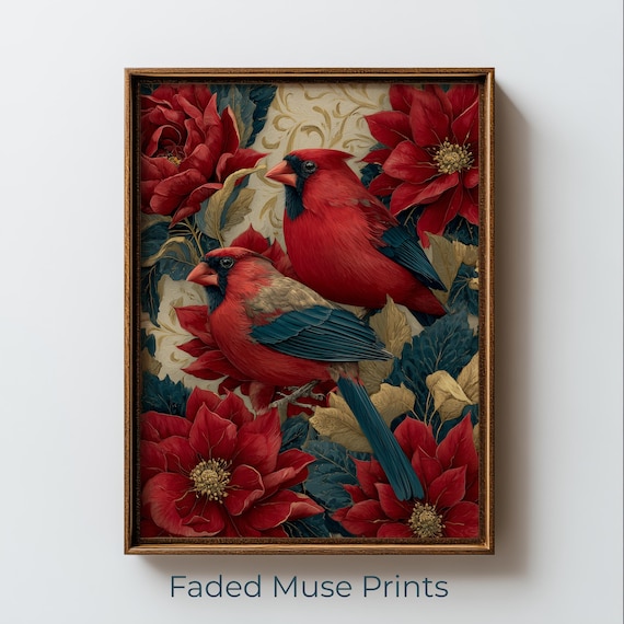 Red Cardinals Poinsettia Flowers Jewel Tone Christmas Bird Poster