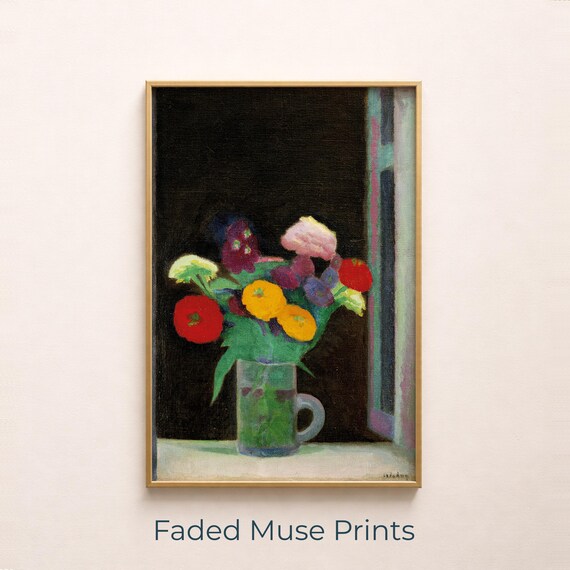Bright Flower Bouquet In Green Jug Colorful Cottagecore Still Life Poster