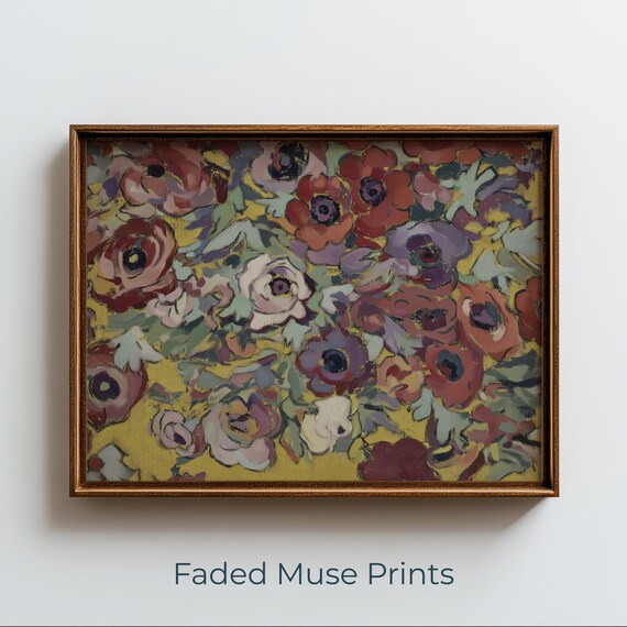 Vintage Anemone Blossoms Golden Yellow Painterly Floral Art Poster