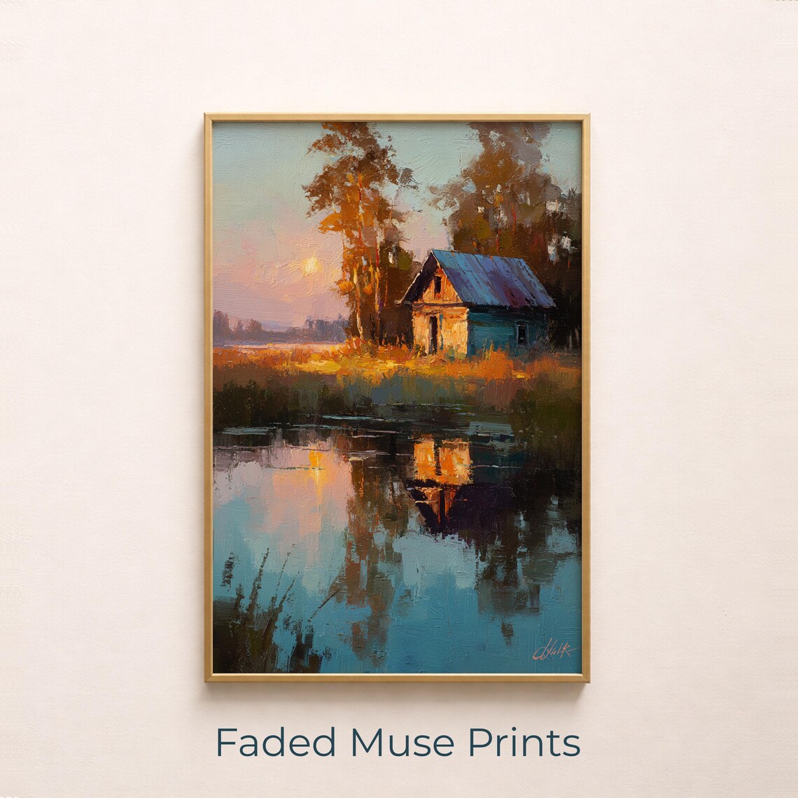 Rustic Lakeside Cabin Sunset Reflection Impressionist Cottage Painting Poster