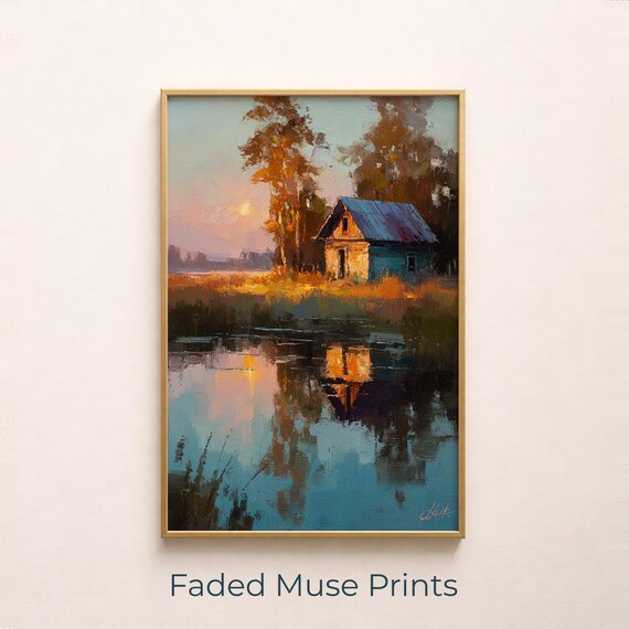 Rustic Lakeside Cabin Sunset Reflection Impressionist Cottage Painting Poster