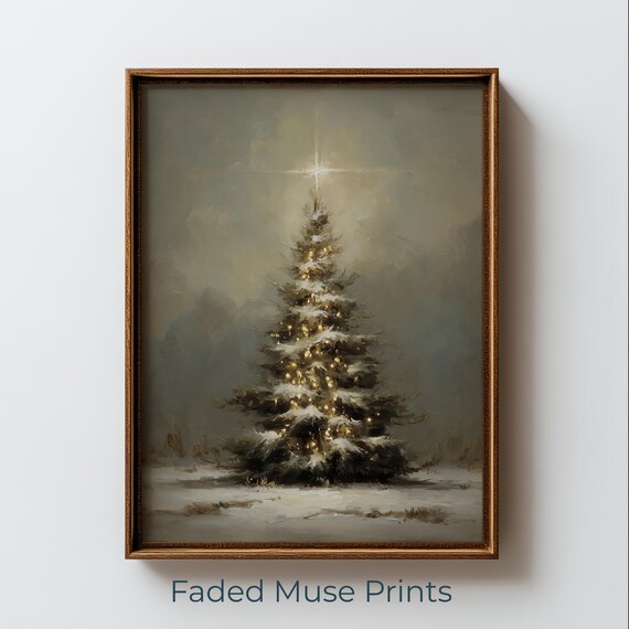 Vintage Christmas Tree Painting Snowy Winter Landscape Printable Wall Art Digital Download 4014