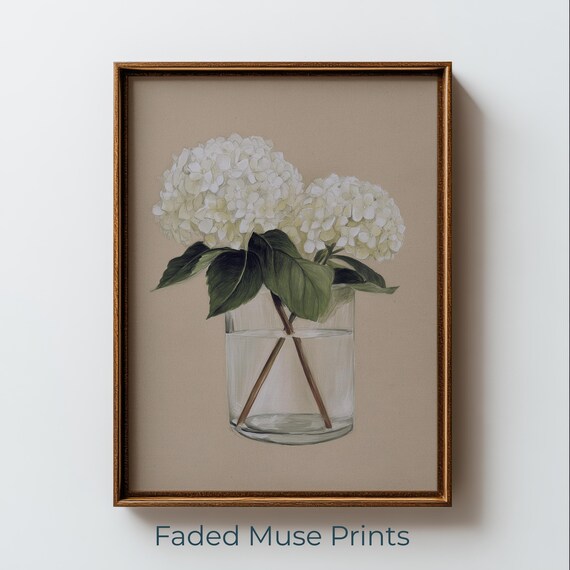 White Hydrangea Bouquet Watercolor Glass Vase Cottage Wall Print