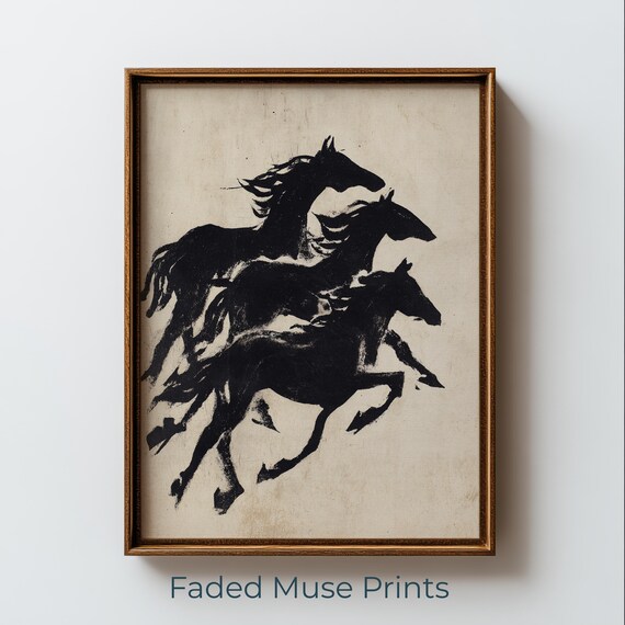 Bold Black Horse Silhouettes Rustic Vintage Inkprint Art Digital Download 1151