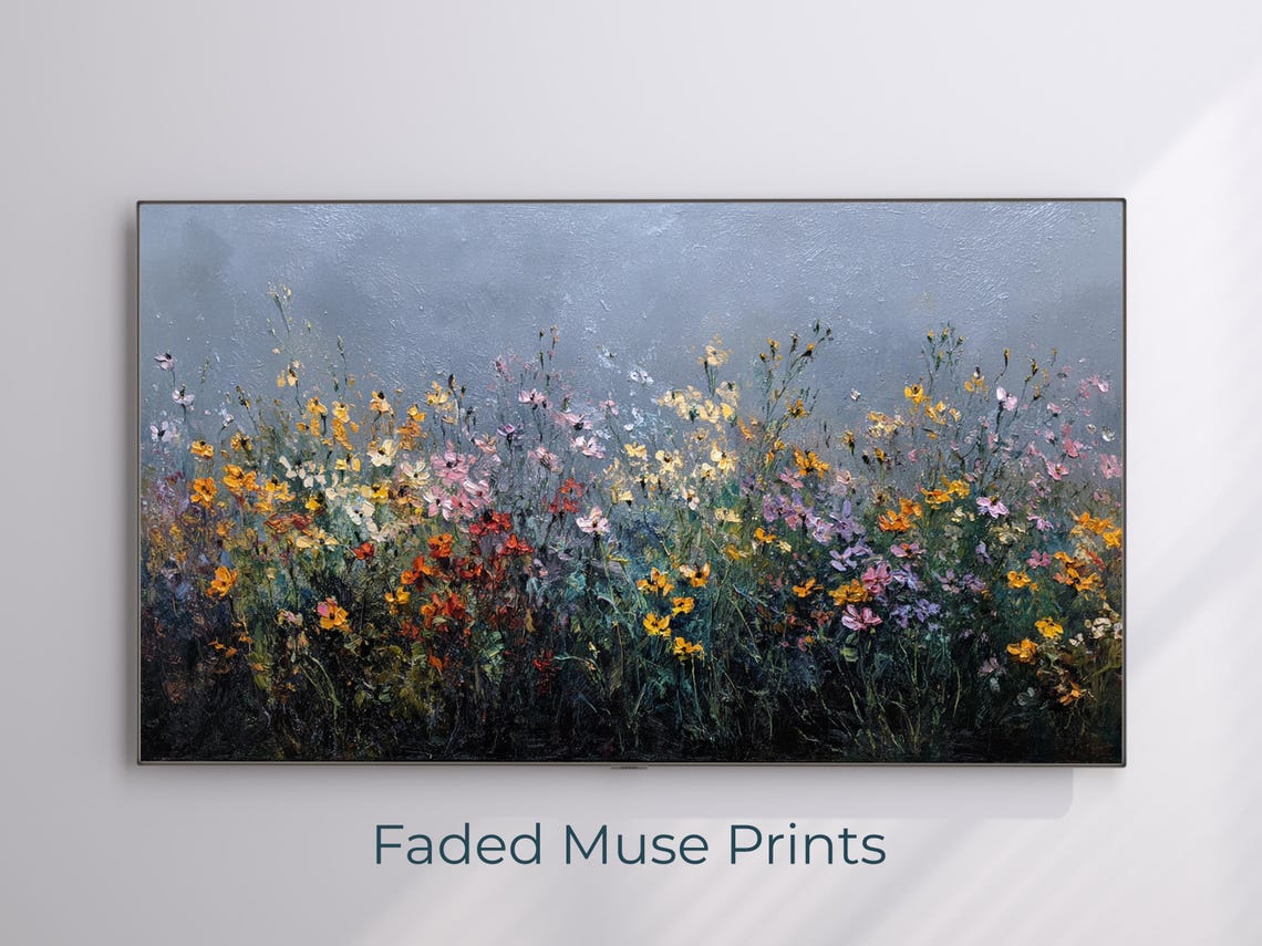 Impressionist Wildflower Field Oil Painting Blue Floral Poster