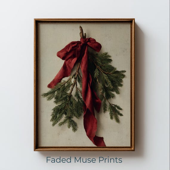 Evergreen Branches With Red Ribbon Holiday Decor Vintage Botanical Print Digital Download 1271