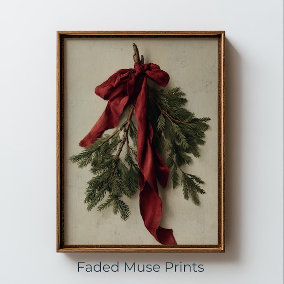 Evergreen Branches With Red Ribbon Vintage Holiday Botanical Poster