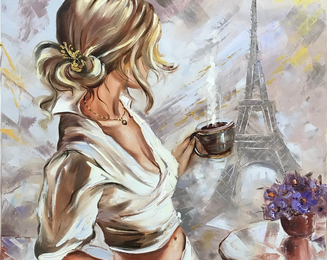 Woman Drinking Coffee White Blouse Eiffel Tower Paris Morning Poster