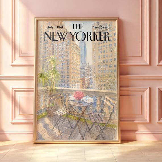 Vintage New Yorker Rooftop Terrace Poster York Skyline Wall Art Nyc Balcony Print City Apartment Decor Magazine Cover