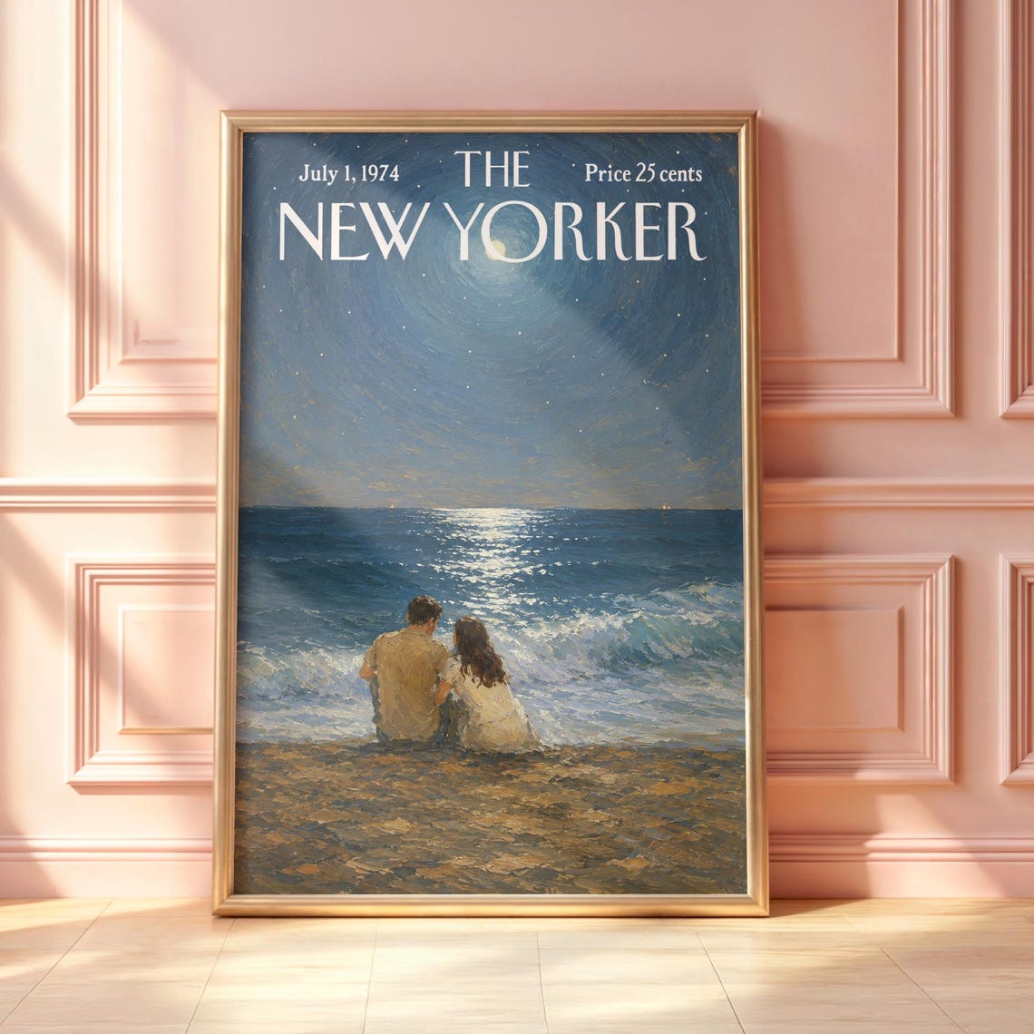 Vintage New Yorker Moonlit Beach Couple Romantic Night Seascape Poster