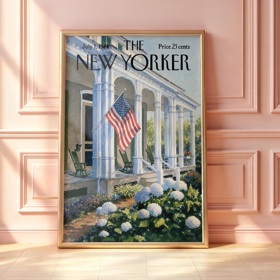 Vintage New Yorker Colonial House Poster American Porch Wall Art Classic Southern Home Print Magazine Cover Illustration
