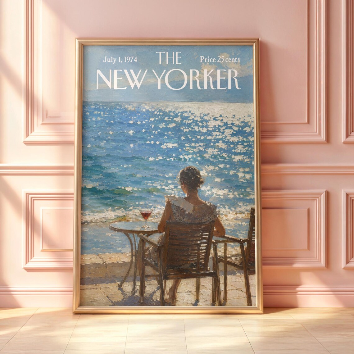 The New Yorker July 1974 Seaside Cafe Ocean View Woman Wine Vintage Poster