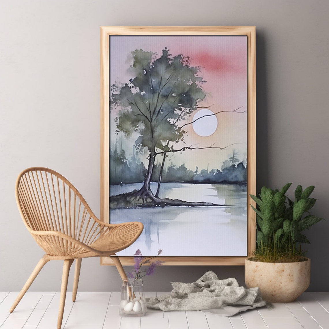 Boho Sunrise Over Lake Watercolor Art Print Serene Nature Decor Earthy Colors - Image 3