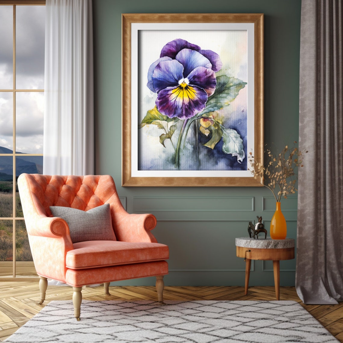Pansy Flower Watercolor Painting Realistic Viola Flower Watercolor For Hallway Bathroom Living Room Office Purple Pansy Painting - Image 3