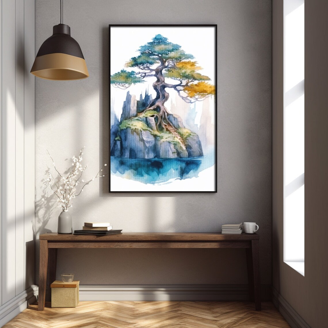 Bonsai Pine Tree Rocky Island Watercolor Zen Japanese Art Poster - Image 2