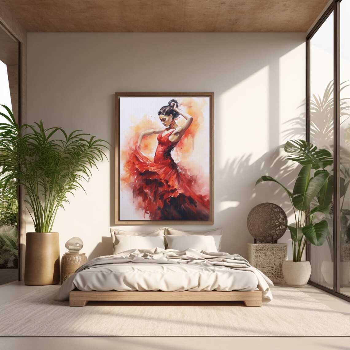 Spanish Flamenco Dancer Watercolor Red Dress Dance Painting Poster - Image 3