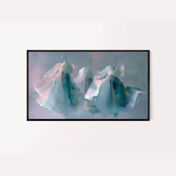 Korean Frame Tv Art Hanbokinspired Semi Abstract Painting Blush Pink And Teal Colors