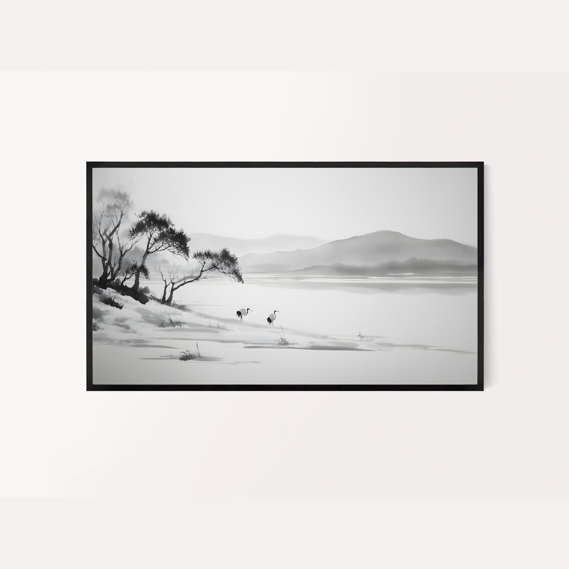 Korean Ink Wash Painting Snowy Lake Cranes Minimalist Zen Art Poster