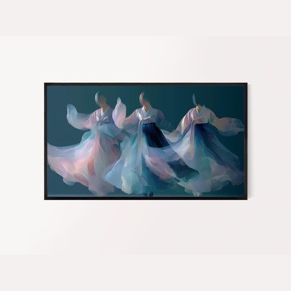 Korean Frame Tv Art Hanbokinspired Semi Abstract Painting Blush Pink And Midnight Blue Colors