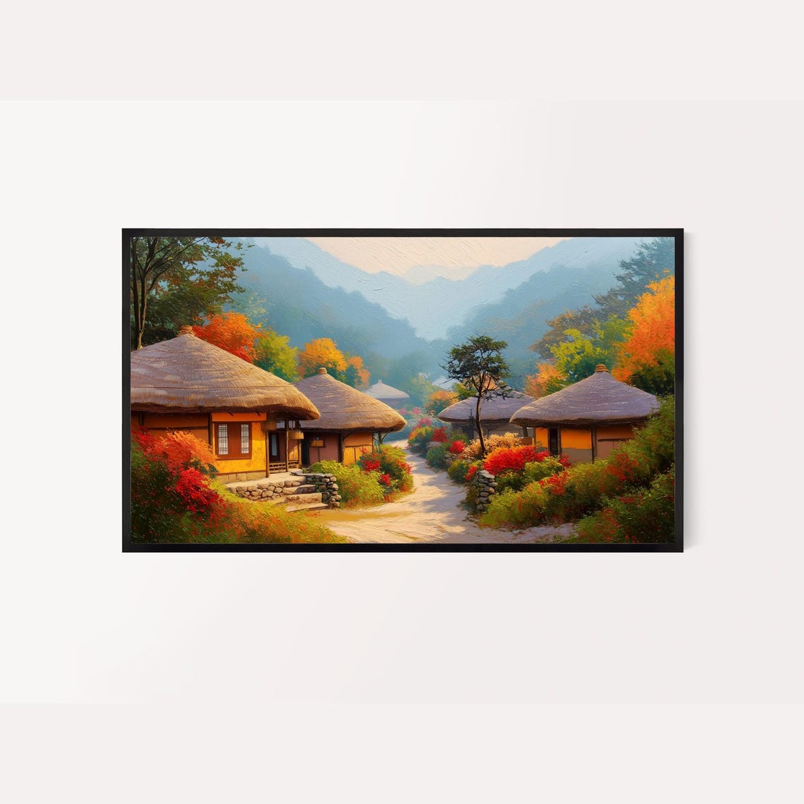 Korean Thatched Roof Village Autumn Misty Mountains Traditional Painting Poster