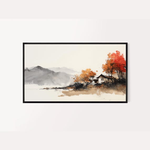 Korean Autumn Lakeside Pavilion Calm Ink Wash Landscape Print