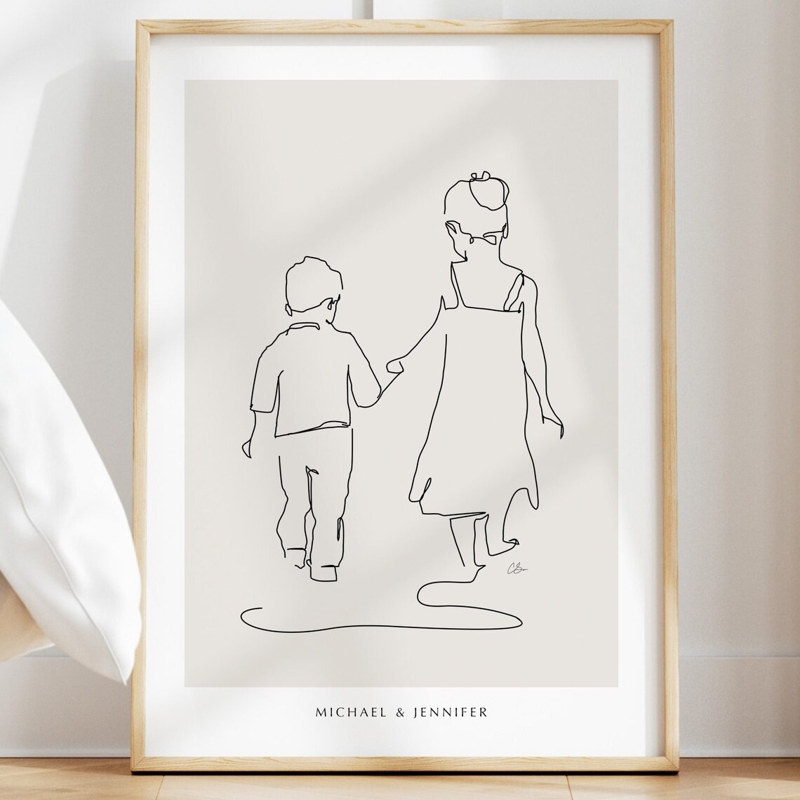 Personalised Brother and Sister Walking Together Line Art Print