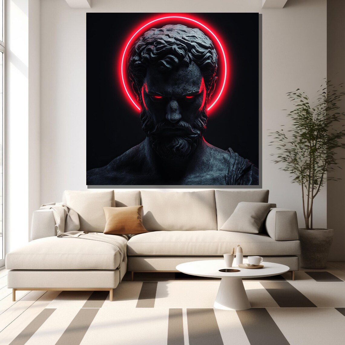 Dark Greek God Bust With Red Neon Halo Sculpture Art Wall Poster - Image 2