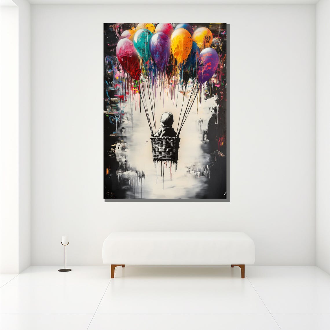 Child Basket Floating Colorful Dripping Balloons Whimsical Art Poster - Image 2