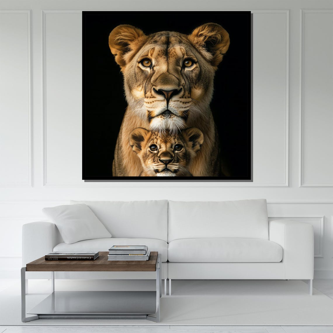 Lioness And Cub Front Pose Black Background Wildlife Art Poster - Image 5