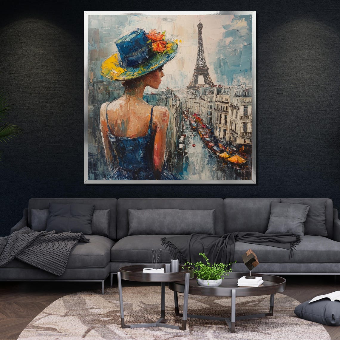 Elegant Woman Paris Eiffel Tower Street Blue Hat Floral Wall Poster - Image 4