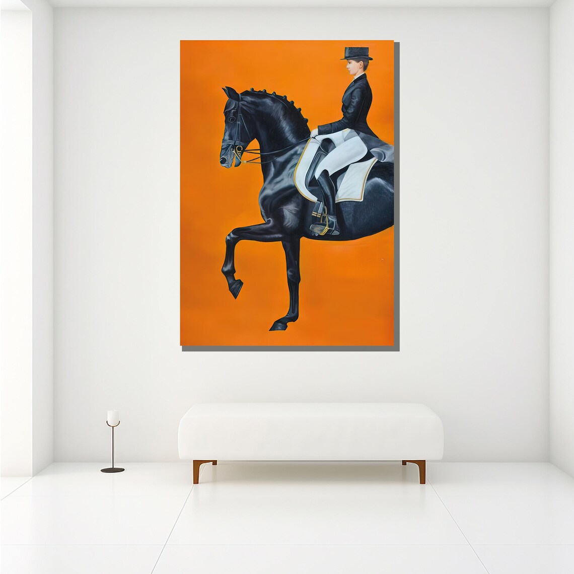 Elegant Equestrian Dressage Black Horse Rider Orange Wall Art Poster - Image 2
