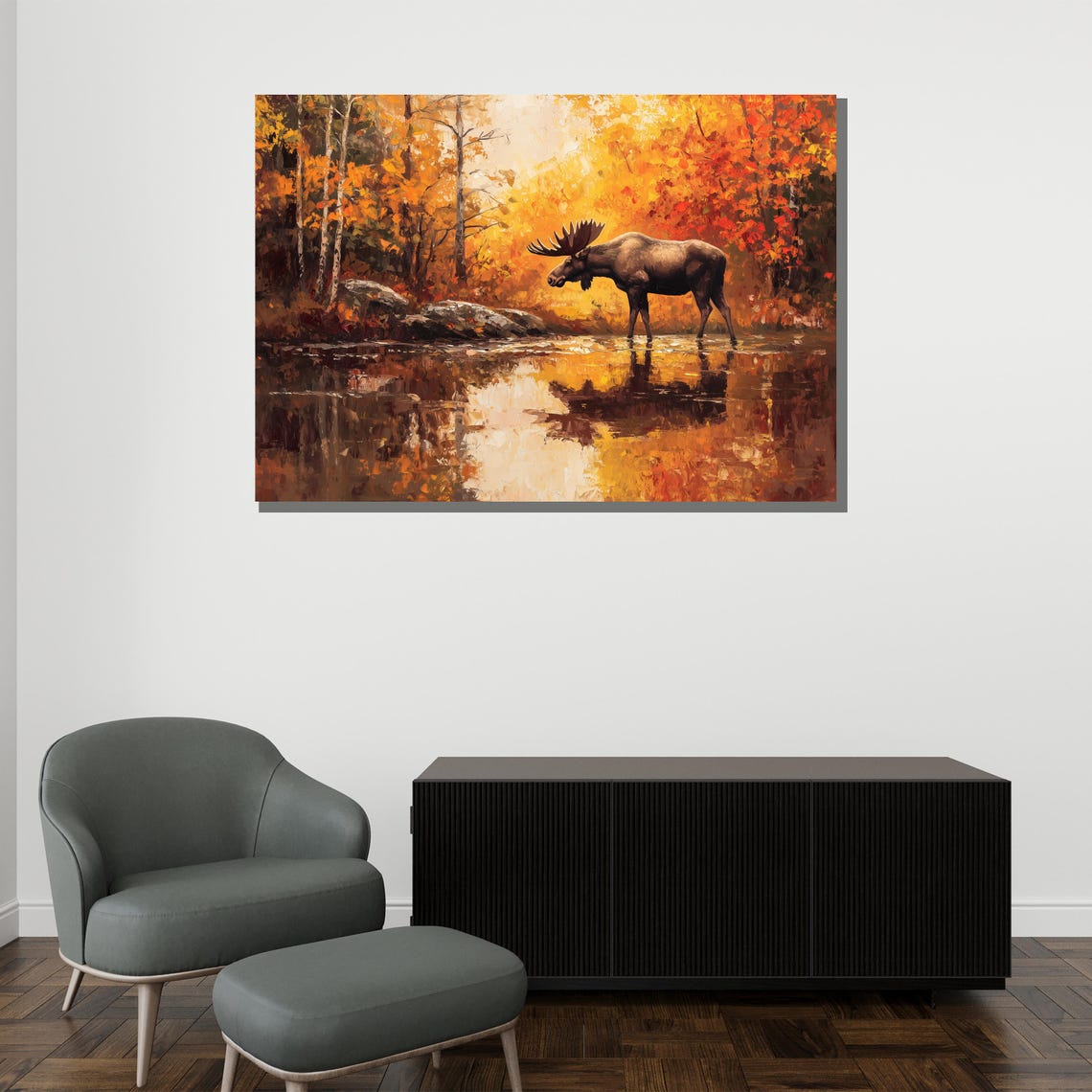 Bull Moose Autumn Forest Lake Reflection Wildlife Art Poster - Image 2