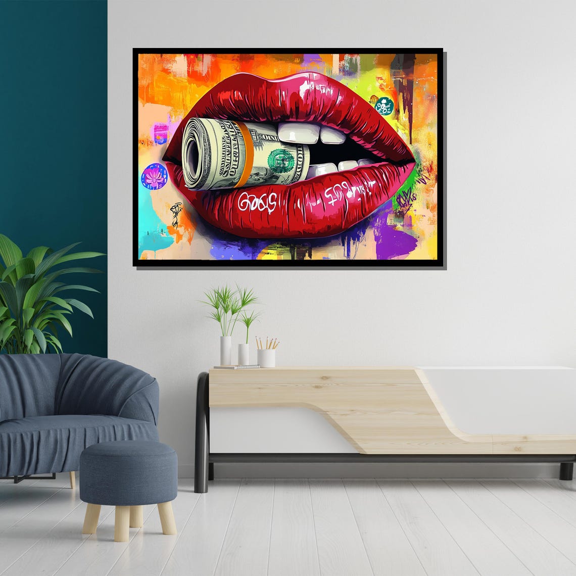 Red Lips Money Roll Pop Art Graffiti Style Bold Modern Wall Art Poster - Image 5