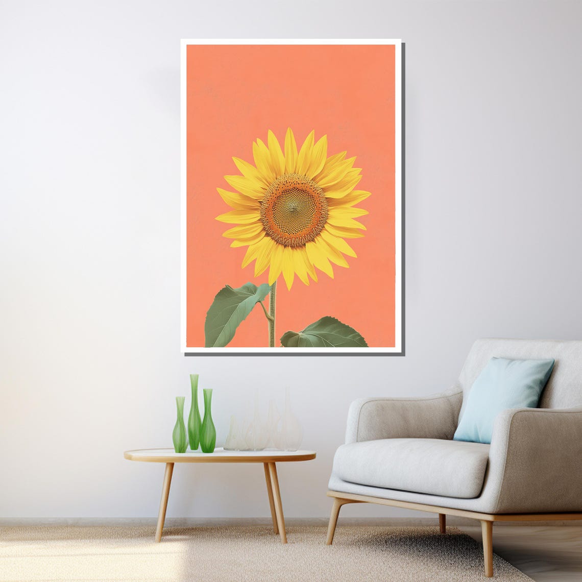 Bright Yellow Sunflower On Coral Pink Background Modern Art Poster - Image 3