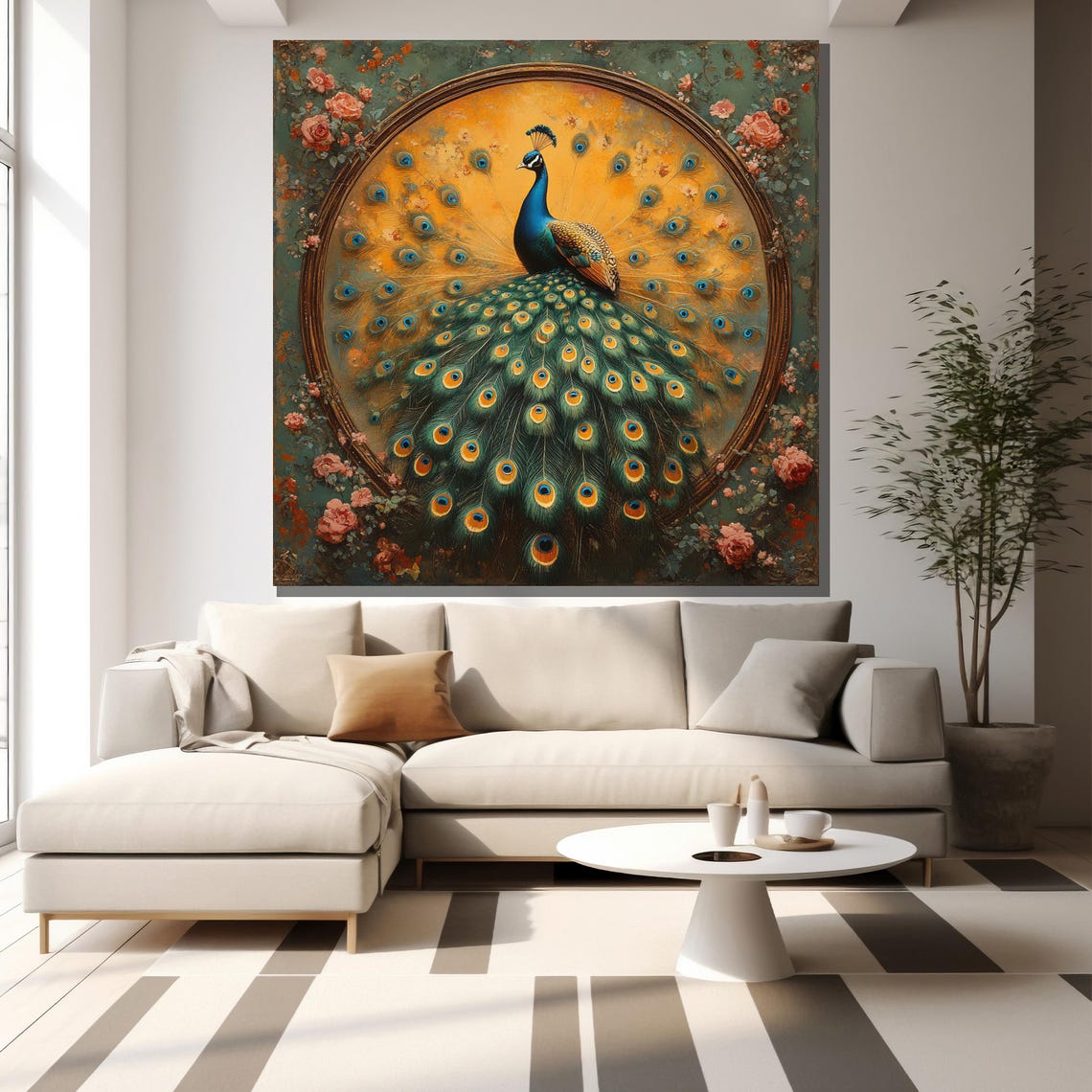 Elegant Peacock Full Tail Fan Vintage Floral Bird Art Poster - Image 2