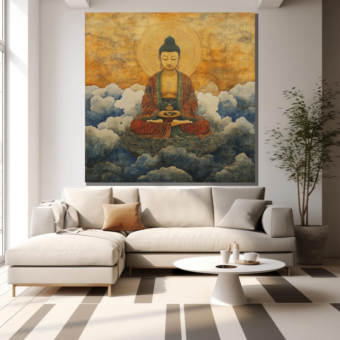 Vintage Buddha Meditating Above Clouds Golden Wall Art Poster - Image 2