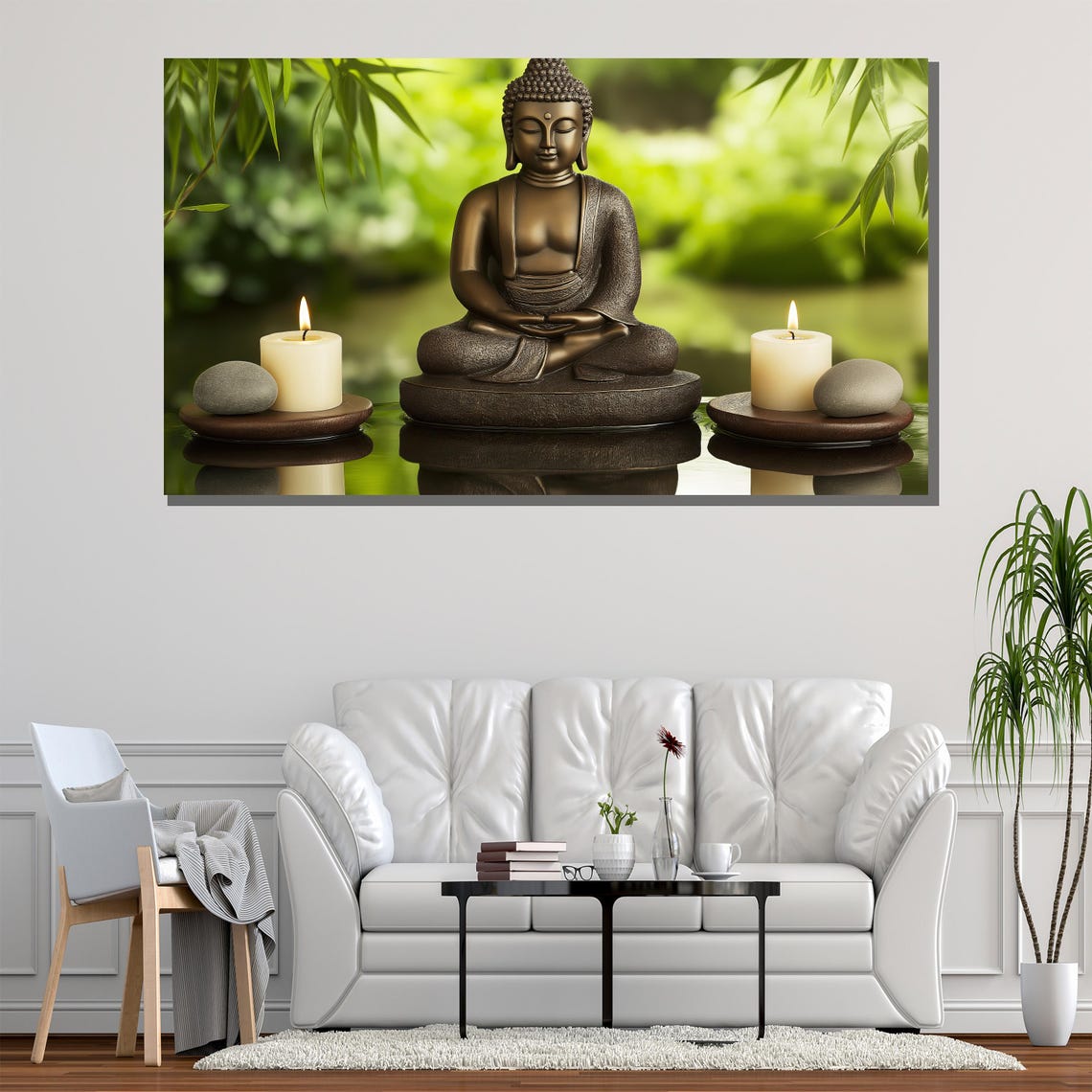 Bronze Buddha Candles Stones Serene Garden Zen Meditation Wall Poster - Image 2