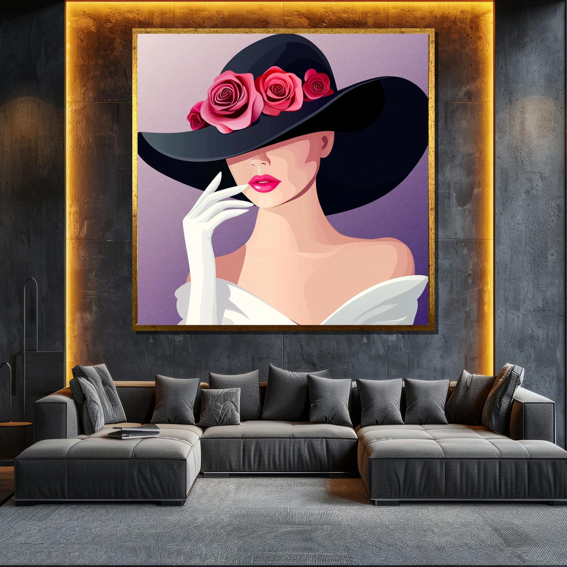 Black Hat Pink Roses Woman Modern Floral Glamour Art Wall Poster