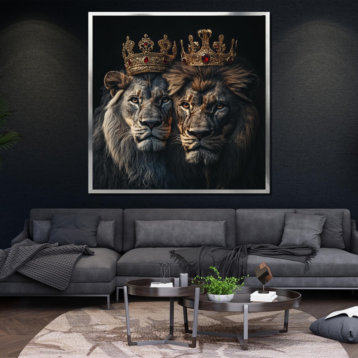 Two Crowned Lions Gold Crown Painting Majestic Regal Wildlife Wall Art Poster - Image 4