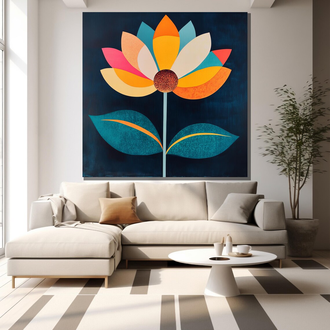Colorful Geometric Flower On Dark Blue Modern Minimalist Art Poster - Image 2