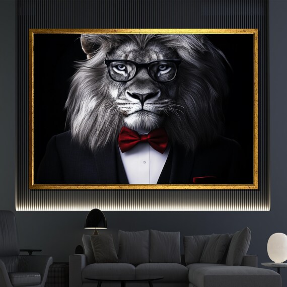 Dapper Lion Portrait Black Suit Red Bow Tie Glasses Regal Animal Wall Art Poster