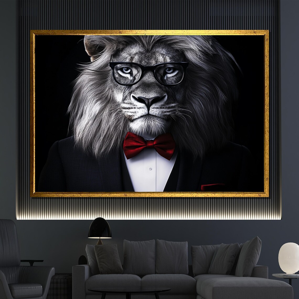 Dapper Lion Portrait Black Suit Red Bow Tie Glasses Regal Animal Wall Art Poster