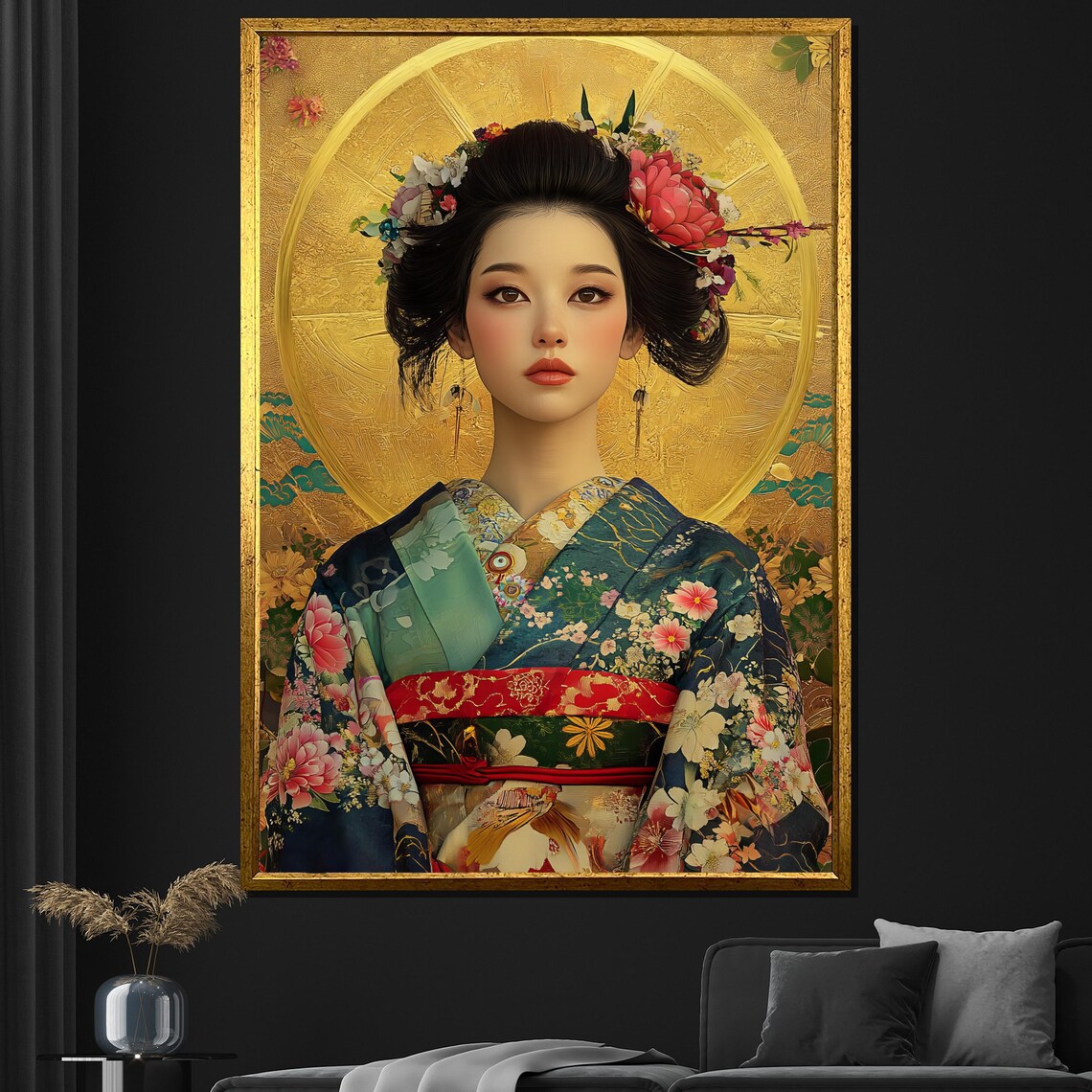 Japanese Kimono Woman Portrait Gold Leaf Floral Background Art Print