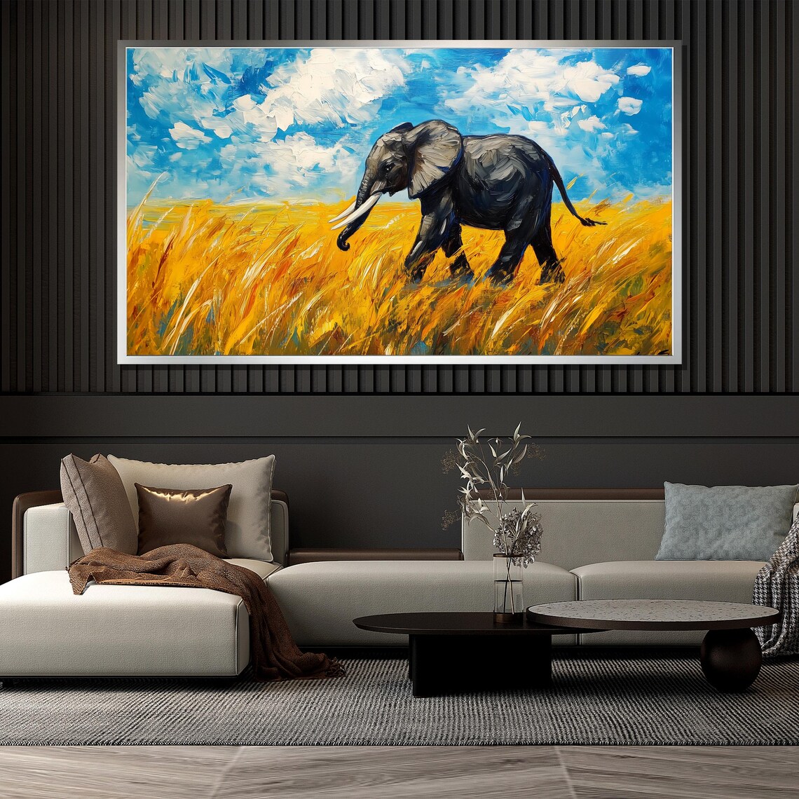 African Elephant Golden Savanna Grass Bright Blue Sky Safari Art Poster - Image 4