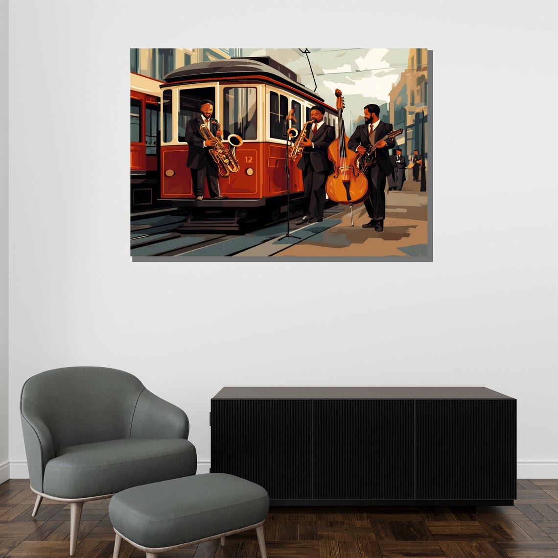 Street Jazz Band Playing Beside Vintage Red Tram Illustration Poster - Image 2