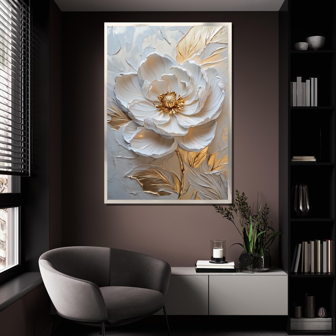Elegant White 3D Textured Flower Gold Center Luxury Wall Art Poster - Image 4