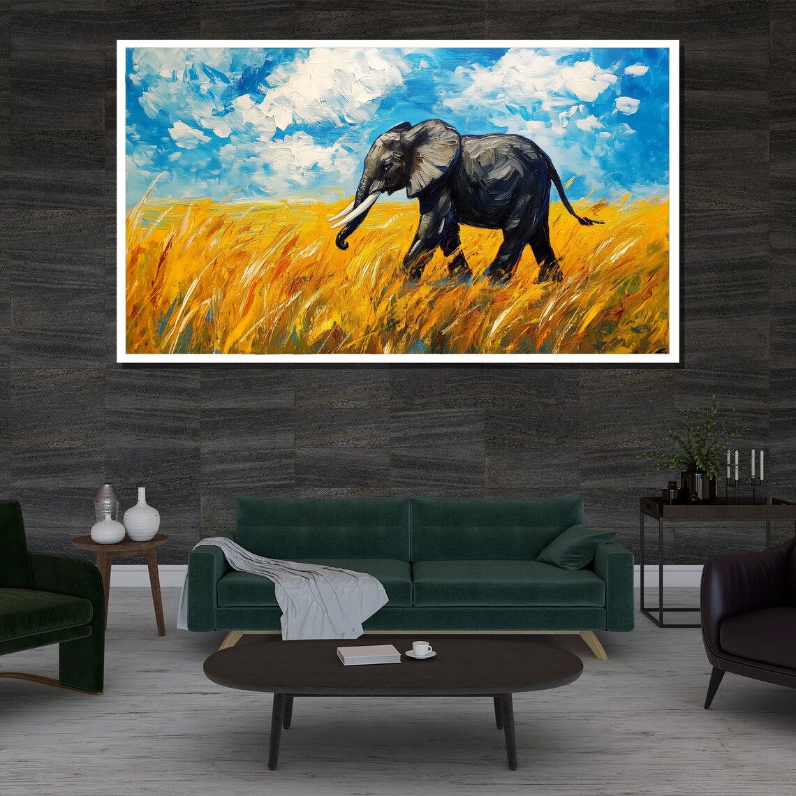 African Elephant Golden Savanna Grass Bright Blue Sky Safari Art Poster - Image 3