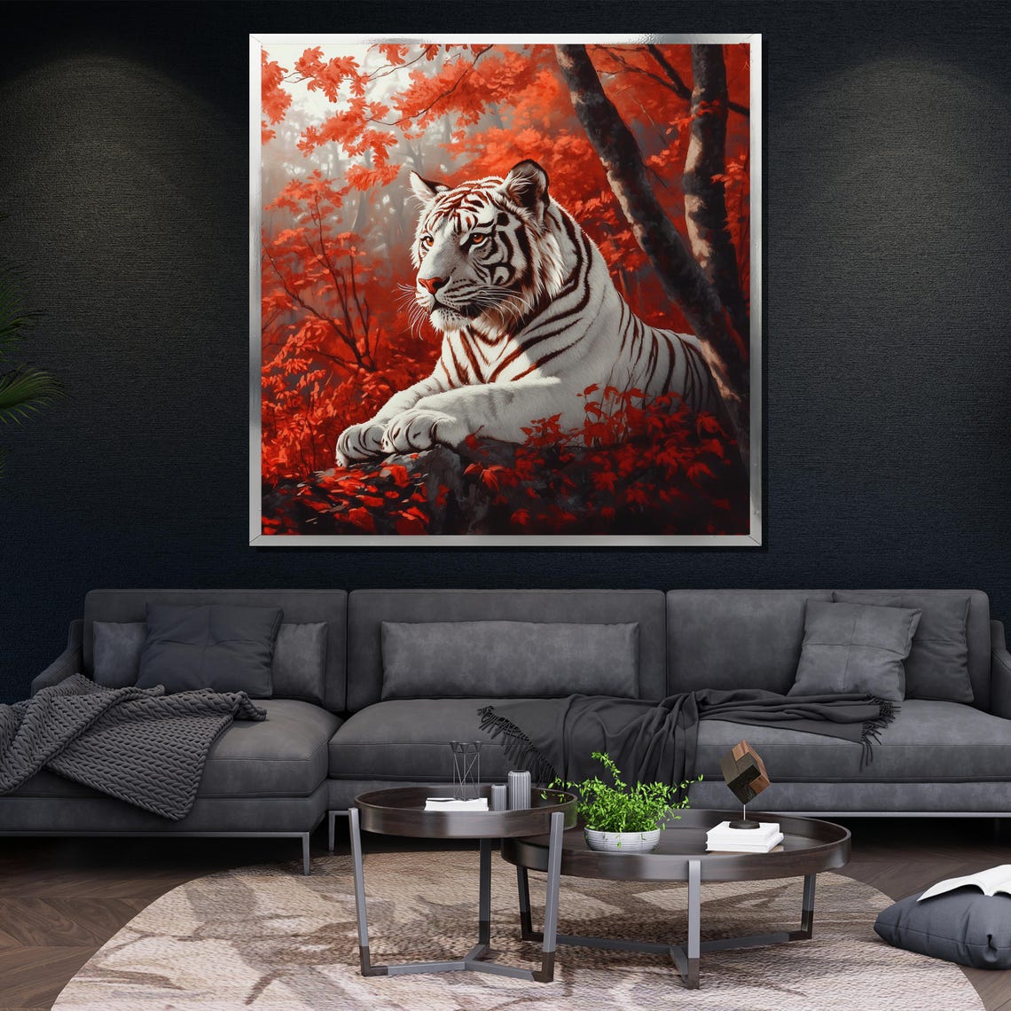 White Tiger Red Forest Majestic Resting Big Cat Wildlife Wall Art - Image 4