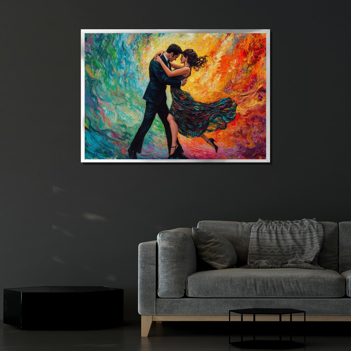 Colorful Impasto Dancing Couple Embrace Fiery Textured Oil Painting Poster - Image 4